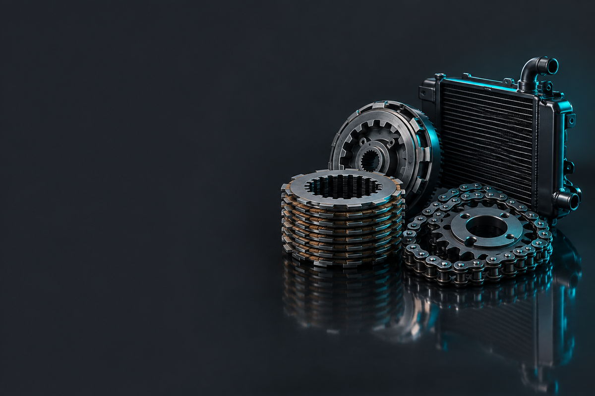 Motorcycle engine cooling clutch and drive parts