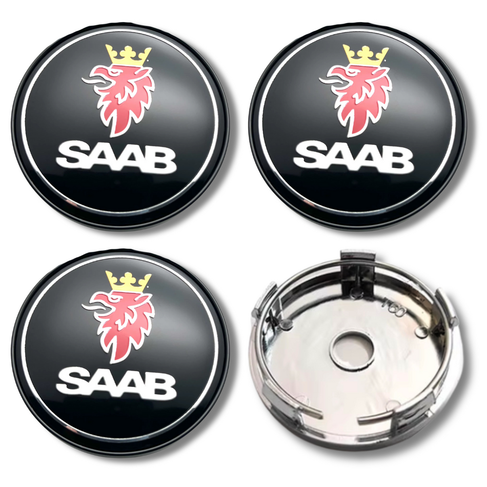 Saab 60mm Black Silver plastic Centre Caps Set, set of 4, OEM 12761078 / 12775052