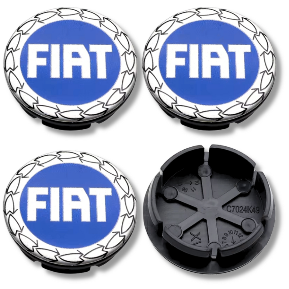 Fiat 50mm Blue plastic Centre Caps Set, set of 4, OEM 735448759 / 1358877080