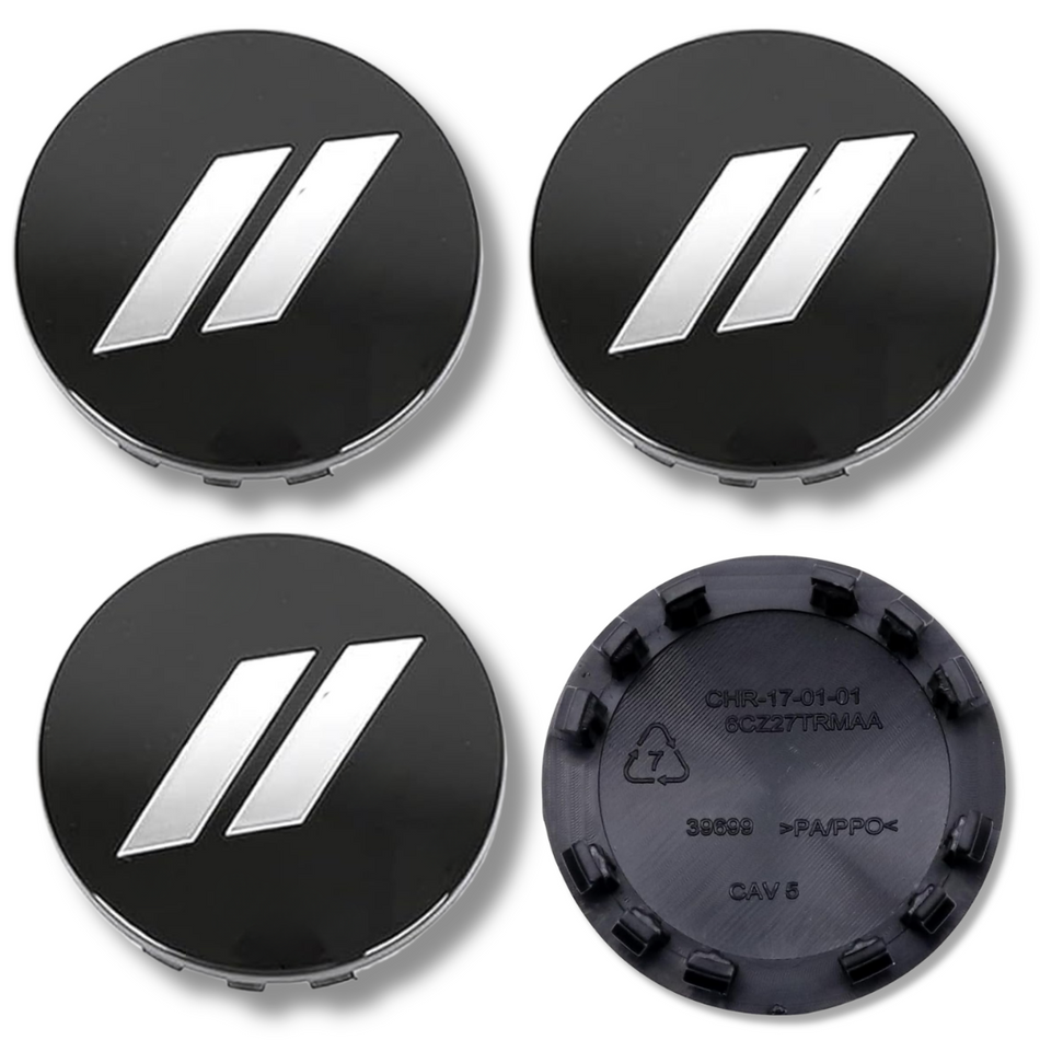 Dodge Chrysler 63mm Black Silver plastic Centre Caps Set, set of 4, OEM 6CZ27TRMAA