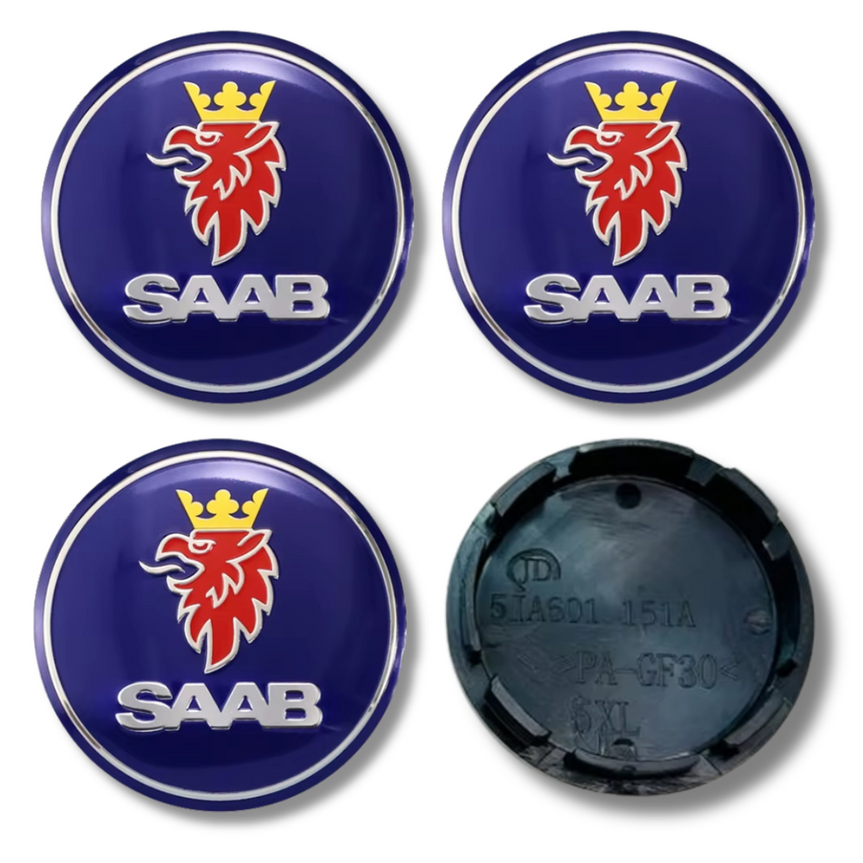 Saab 56mm Blue Black plastic Centre Caps Set, set of 4, OEM 12761078 / 12775052