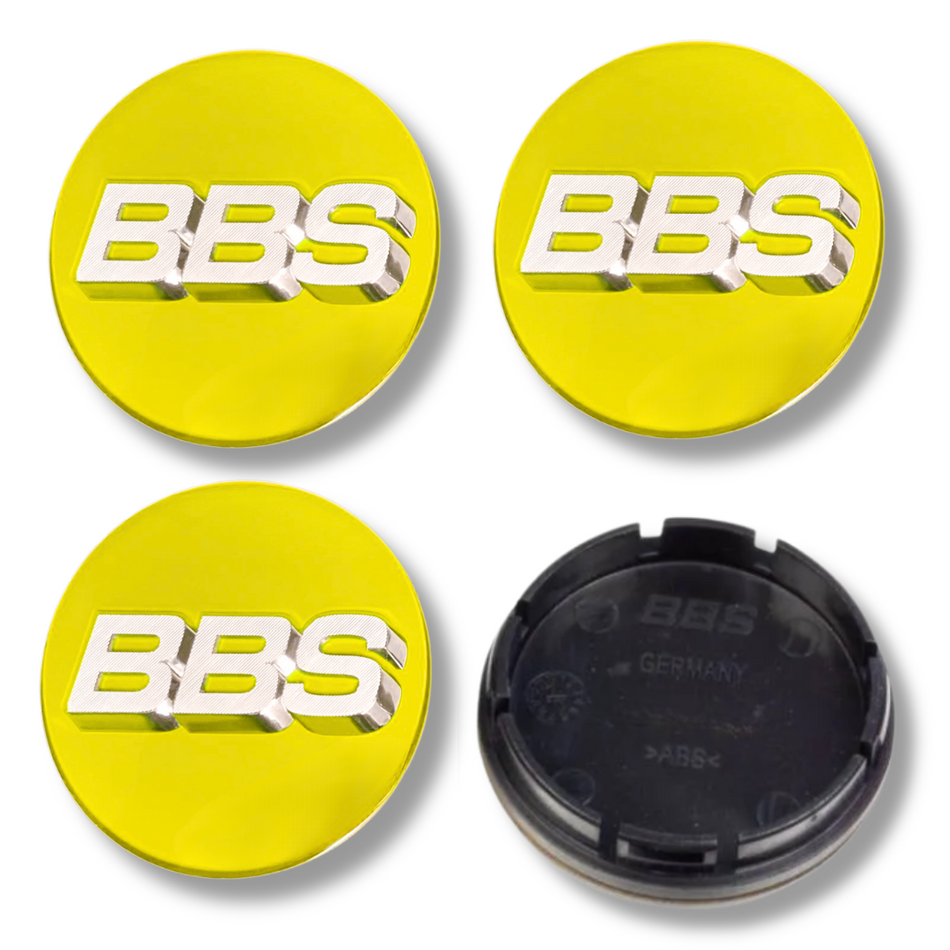 BBS 70mm Yellow Silver plastic Centre Caps Set, set of 4, OEM 56.24.073