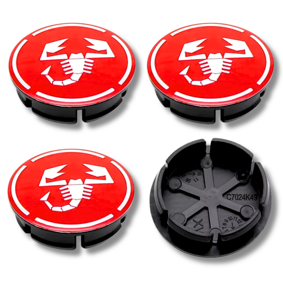 Abarth Fiat 50mm Scorpion Red plastic Centre Caps Set, set of 4, OEM 735448759