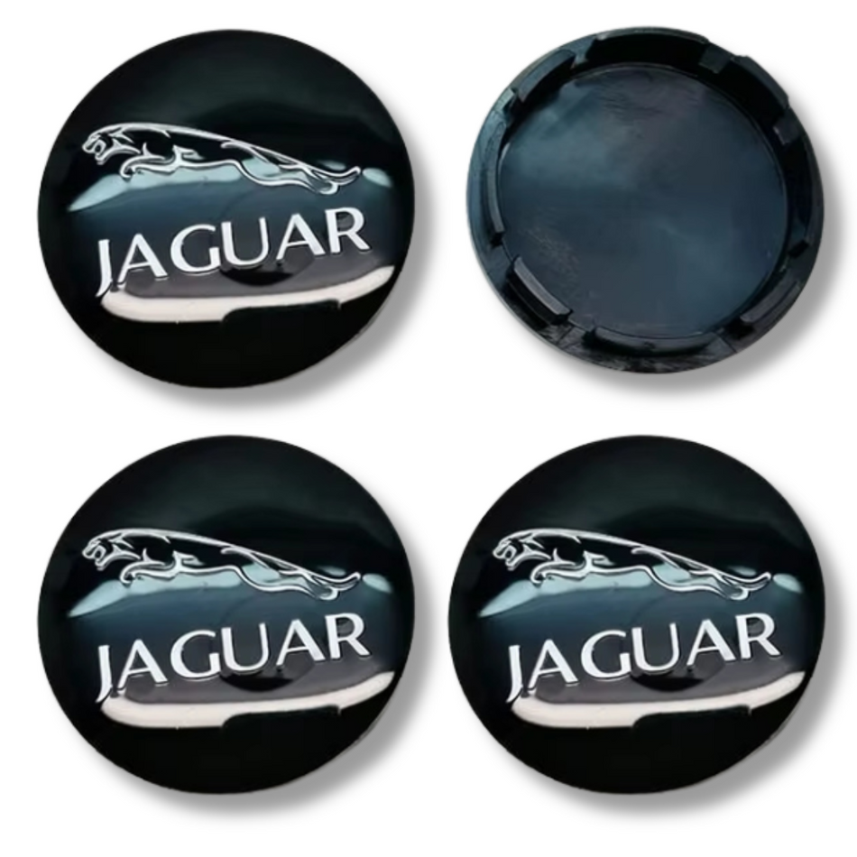 Jaguar 56mm Black plastic Centre Caps Set, set of 4, OEM C2D47107 / T2H58379 / T2H58380