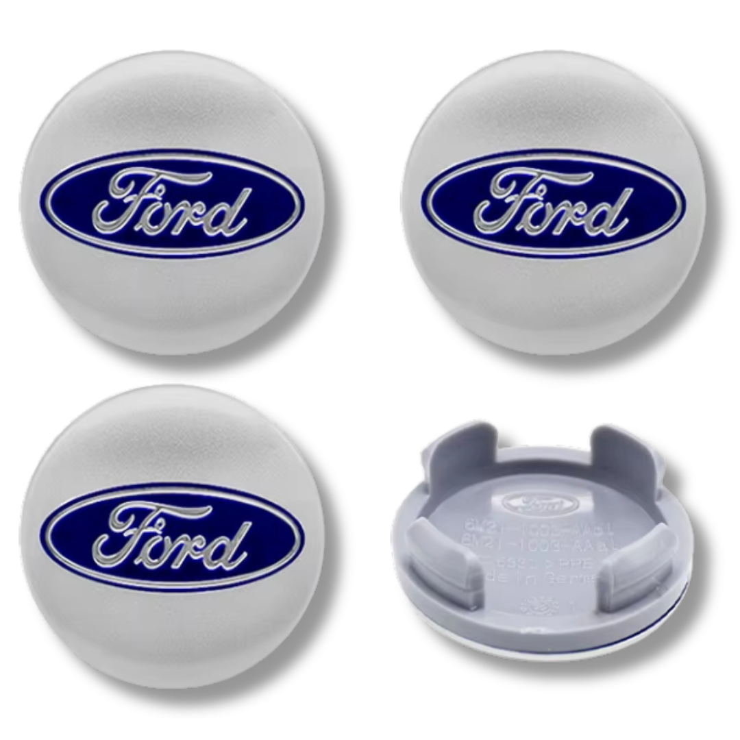 Ford 54mm Silver Blue plastic Centre Caps Set, set of 4, OEM 1429118
