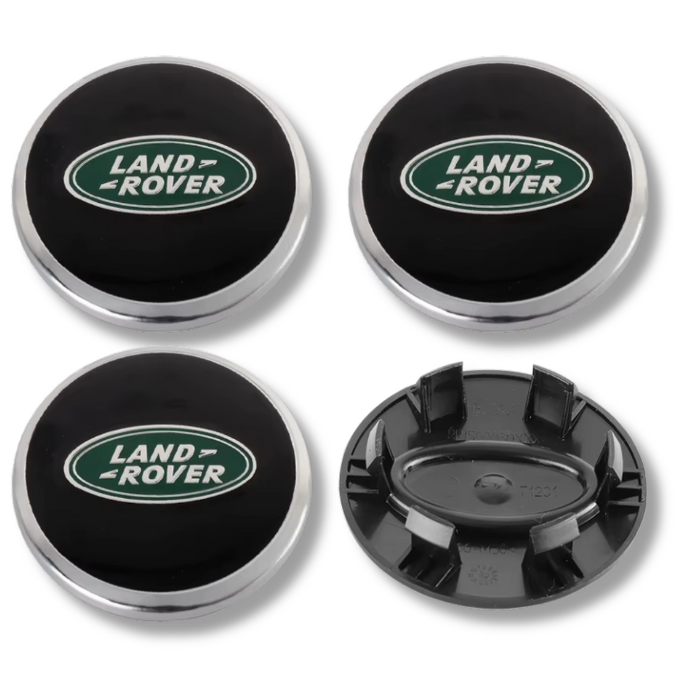 Land Rover 62mm Black Green Silver Sport plastic Centre Caps Set, set of 4, OEM LR069899