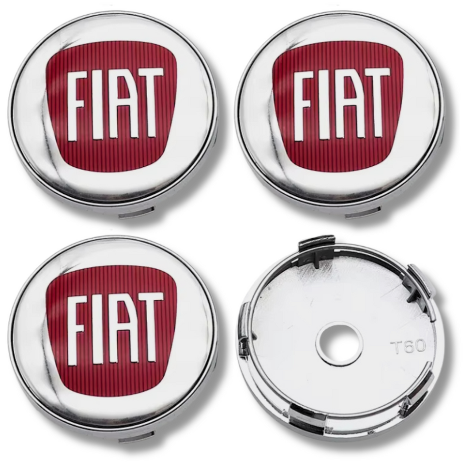 Fiat 60mm Red Chrome plastic Centre Caps Set, set of 4, OEM 735448759 / 1358877080