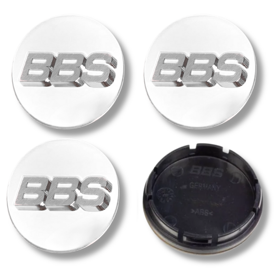 BBS 70mm White Silver plastic Centre Caps Set, set of 4, OEM 56.24.073