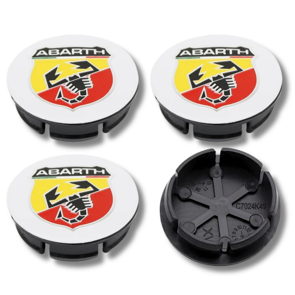 Abarth Fiat 50mm Scorpion Silver plastic Centre Caps Set, set of 4, OEM 735448759