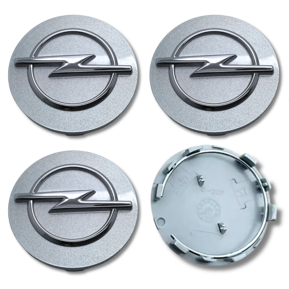 Opel 58mm Silver plastic Centre Caps Set, set of 4, OEM 13276166
