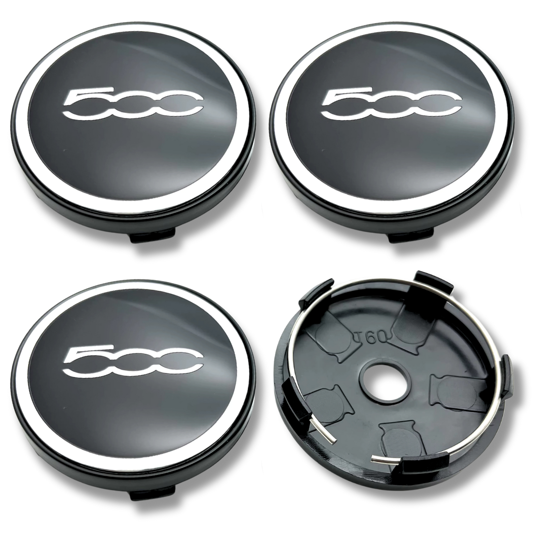 Fiat 60mm Black Chrome plastic Centre Caps Set, set of 4, OEM 735448759 / 1358877080