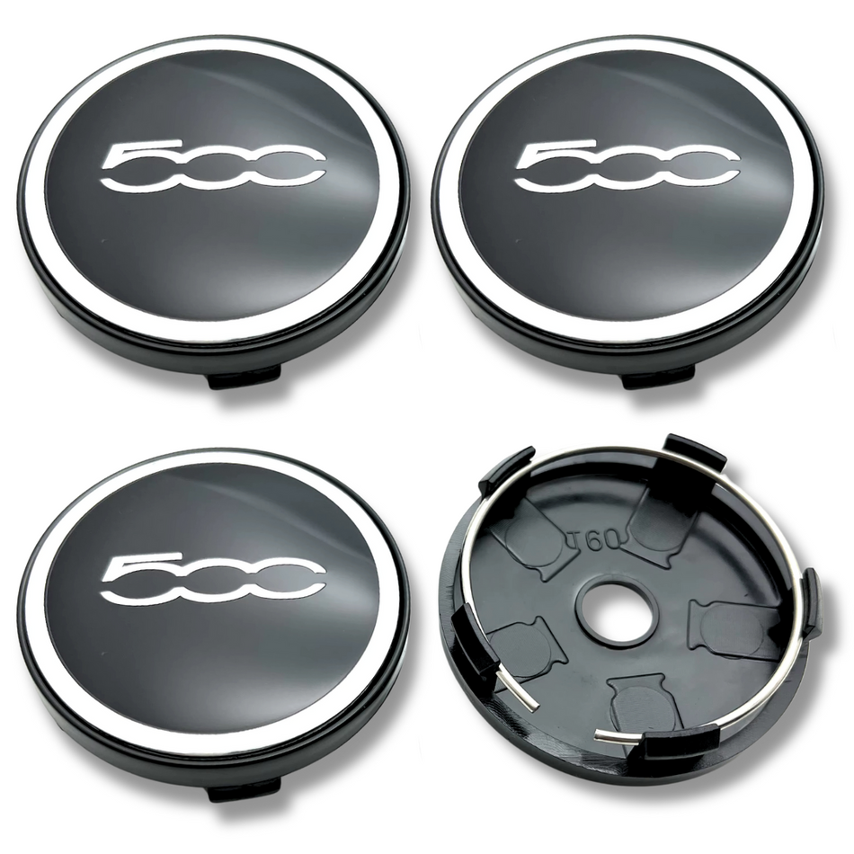Fiat 60mm Black Chrome plastic Centre Caps Set, set of 4, OEM 735448759 / 1358877080