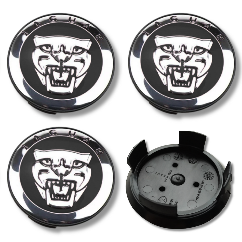 Jaguar 58mm Black plastic Centre Caps Set, set of 4, OEM C2D47107 / T2H58379 / T2H58380