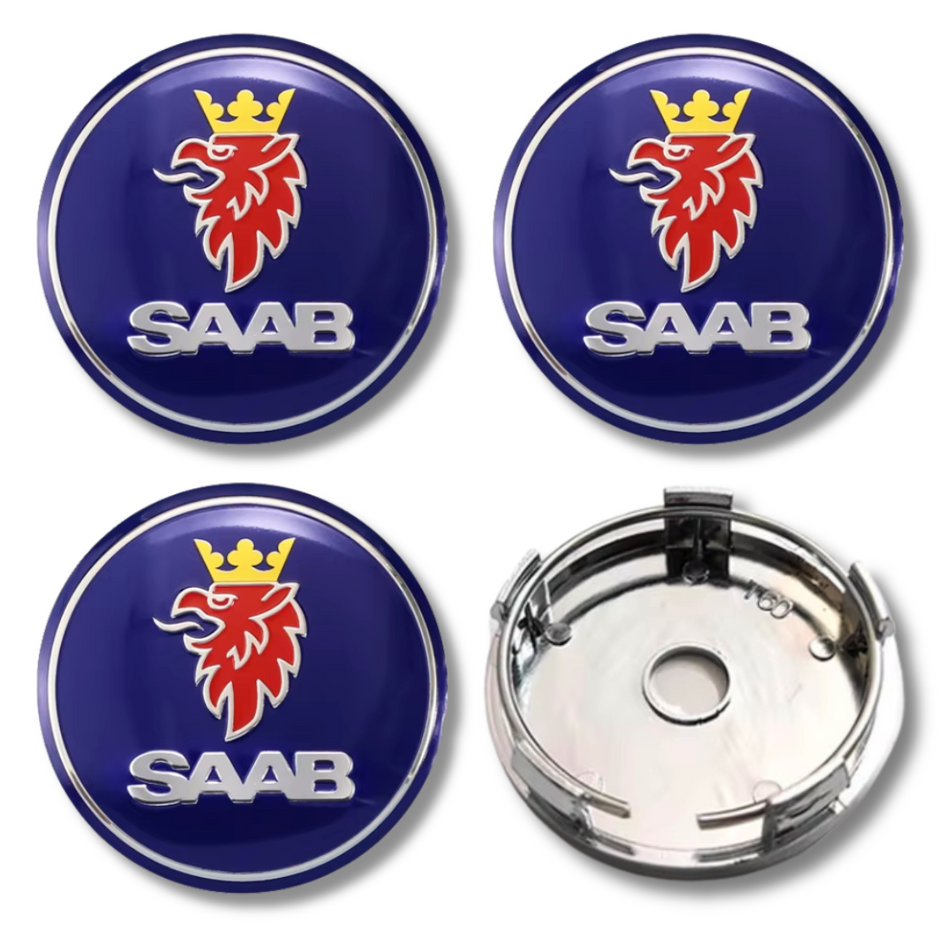 Saab 60mm Blue Silver plastic Centre Caps Set, set of 4, OEM 12761078 / 12775052