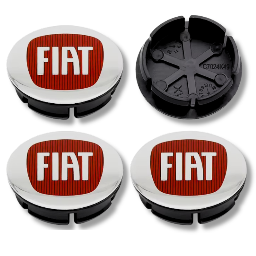 Fiat 50mm Silver plastic Centre Caps Set, set of 4, OEM 735448759 / 1358877080