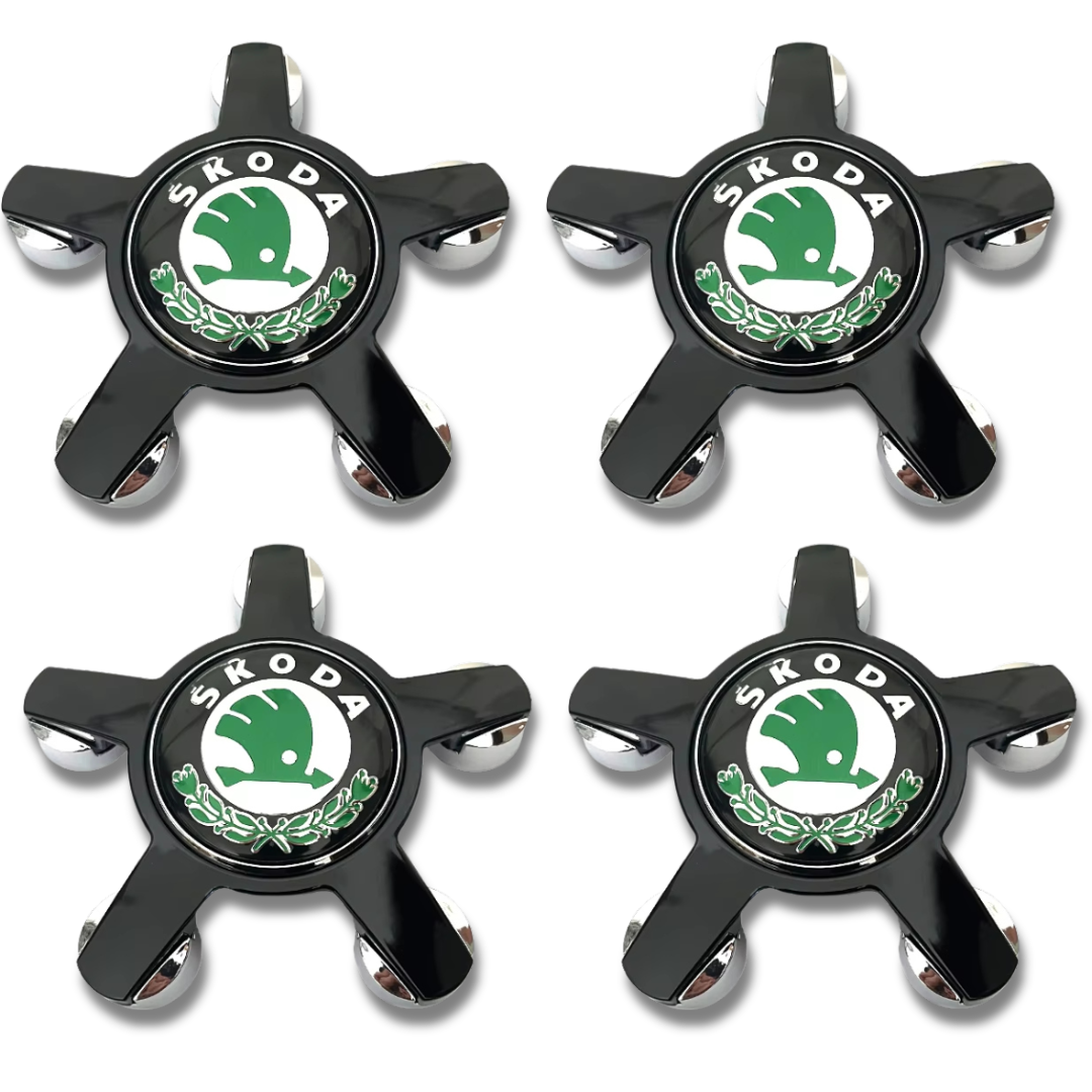 Skoda 135mm Green Black plastic Centre Caps Set, set of 4, OEM 5JA601151A
