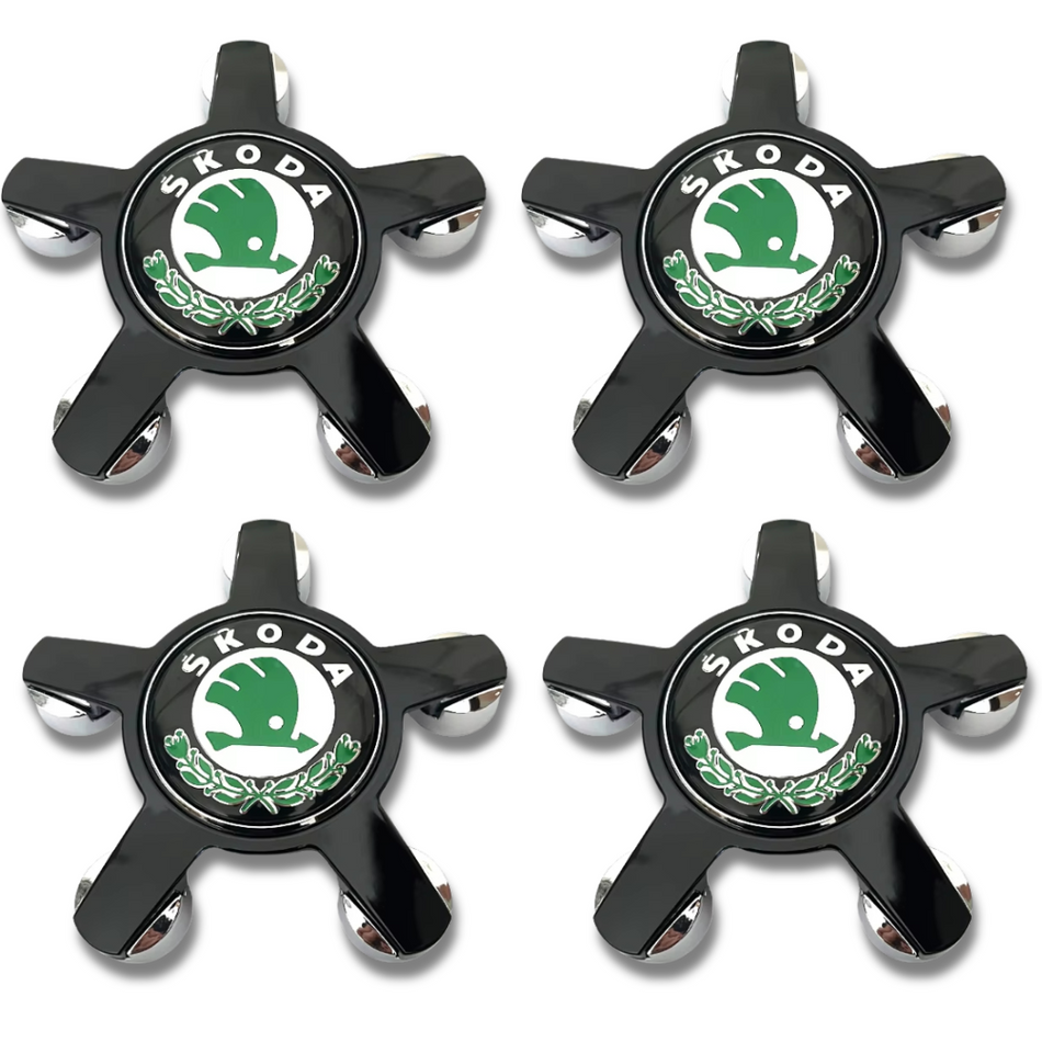 Skoda 135mm Green Black plastic Centre Caps Set, set of 4, OEM 5JA601151A