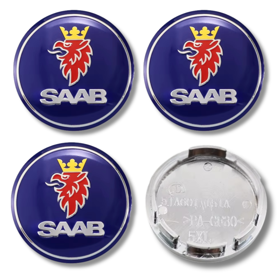 Saab 56mm Blue Silver plastic Centre Caps Set, set of 4, OEM 12761078 / 12775052