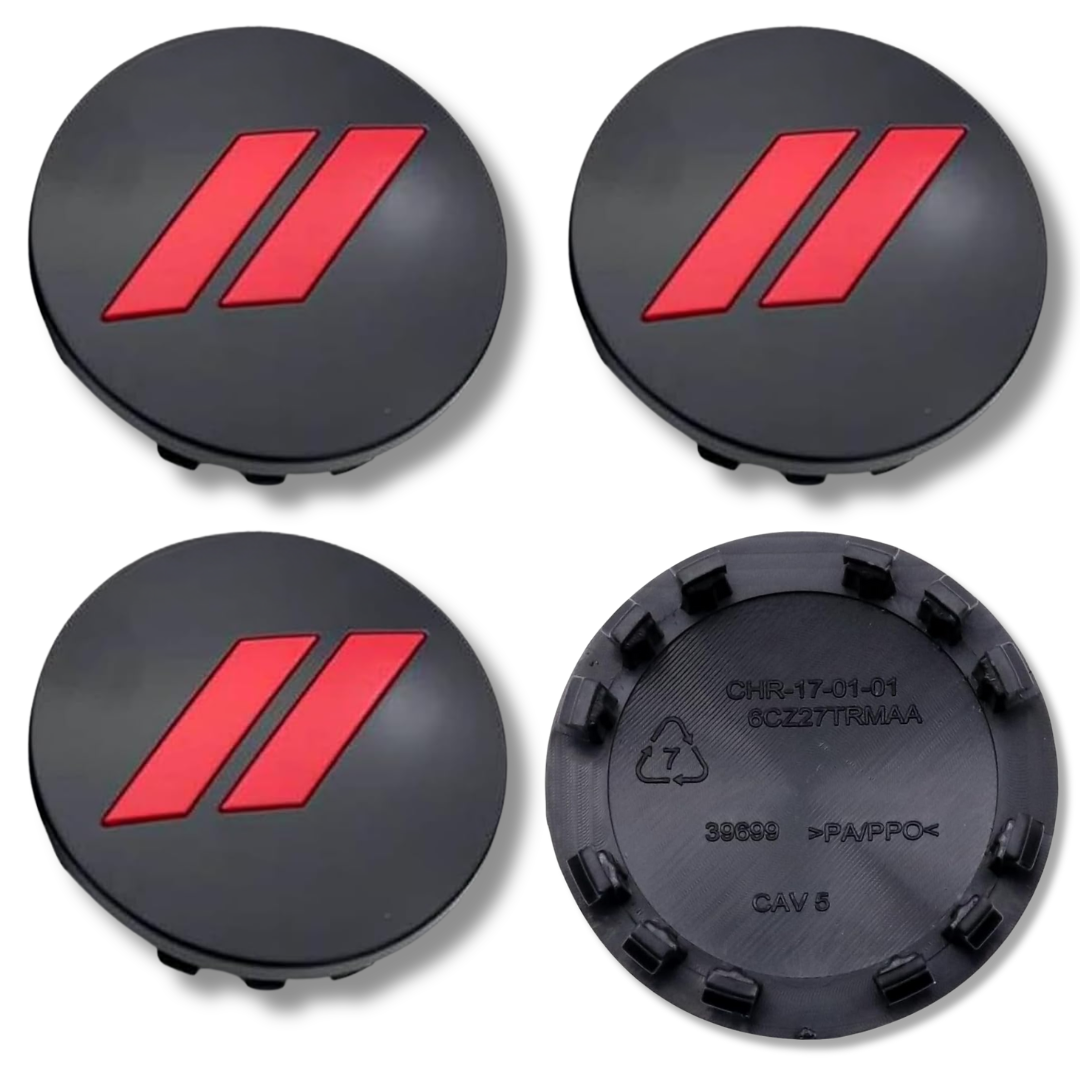 Dodge Chrysler 63mm Black Red plastic Centre Caps Set, set of 4, OEM 6CZ27TRMAA