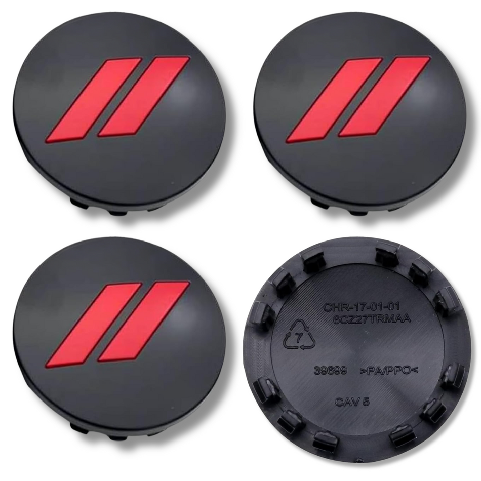 Dodge Chrysler 63mm Black Red plastic Centre Caps Set, set of 4, OEM 6CZ27TRMAA