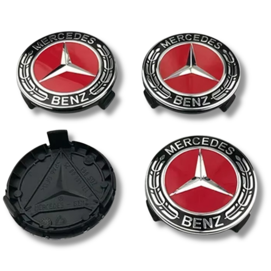 Mercedes Benz 75mm Red Chrome plastic Centre Caps Set, set of 4, OEM A1714000025