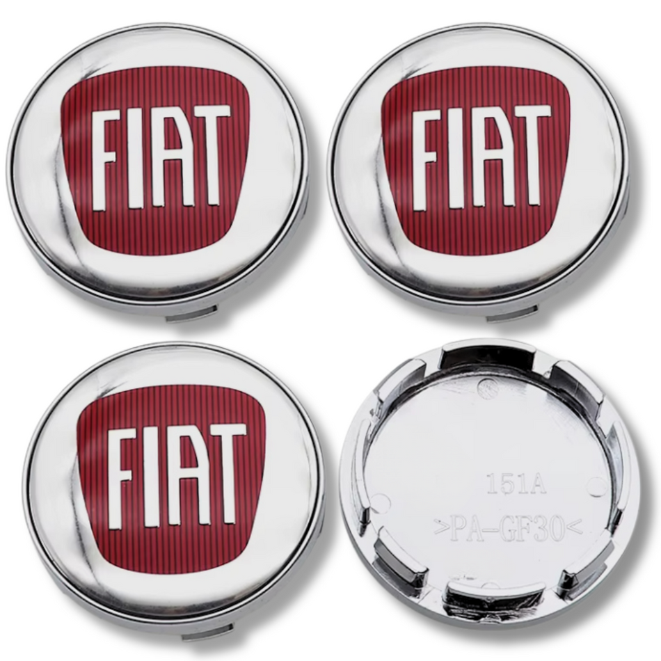 Fiat 56mm Silver plastic Centre Caps Set, set of 4, OEM 735448759 / 1358877080