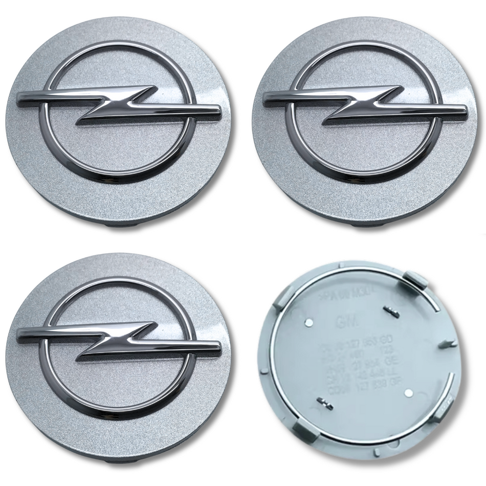 Opel 64mm Silver plastic Centre Caps Set, set of 4, OEM 13276166