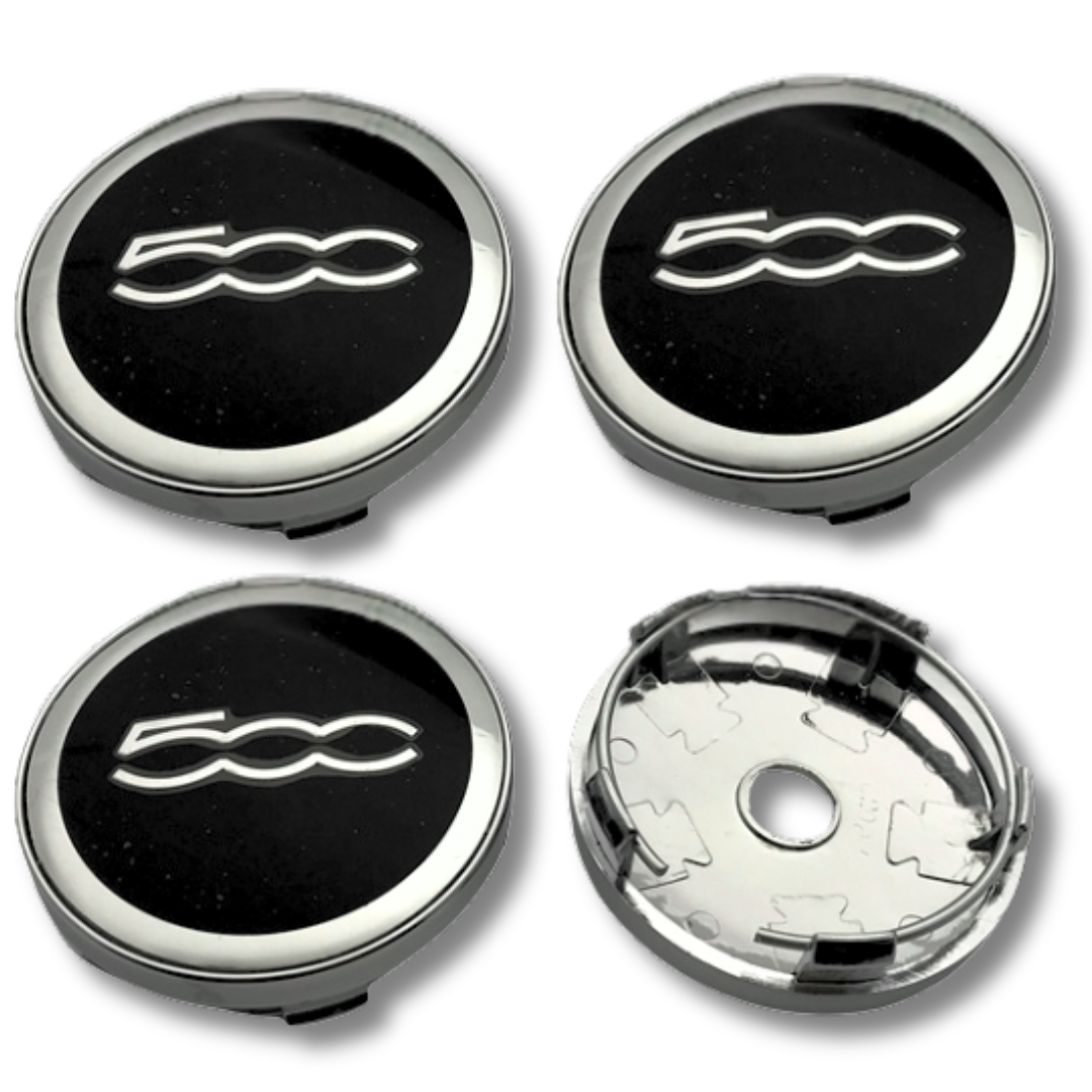 Fiat 60mm Chrome Black plastic Centre Caps Set, set of 4, OEM 735448759 / 1358877080