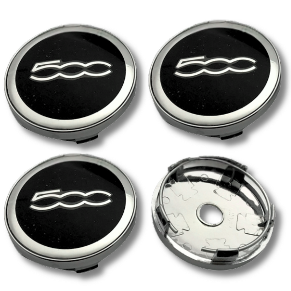 Fiat 60mm Chrome Black plastic Centre Caps Set, set of 4, OEM 735448759 / 1358877080