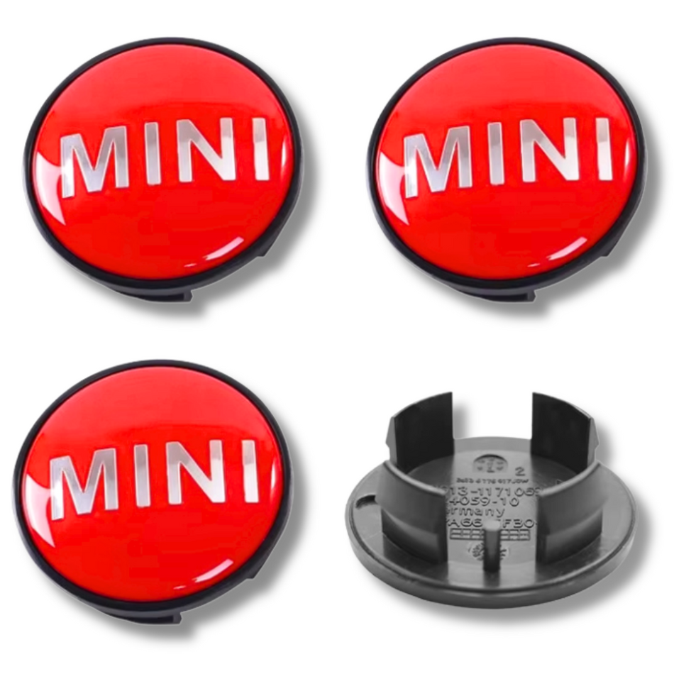 Mini 54mm Red plastic Centre Caps Set, set of 4, OEM 36136758687