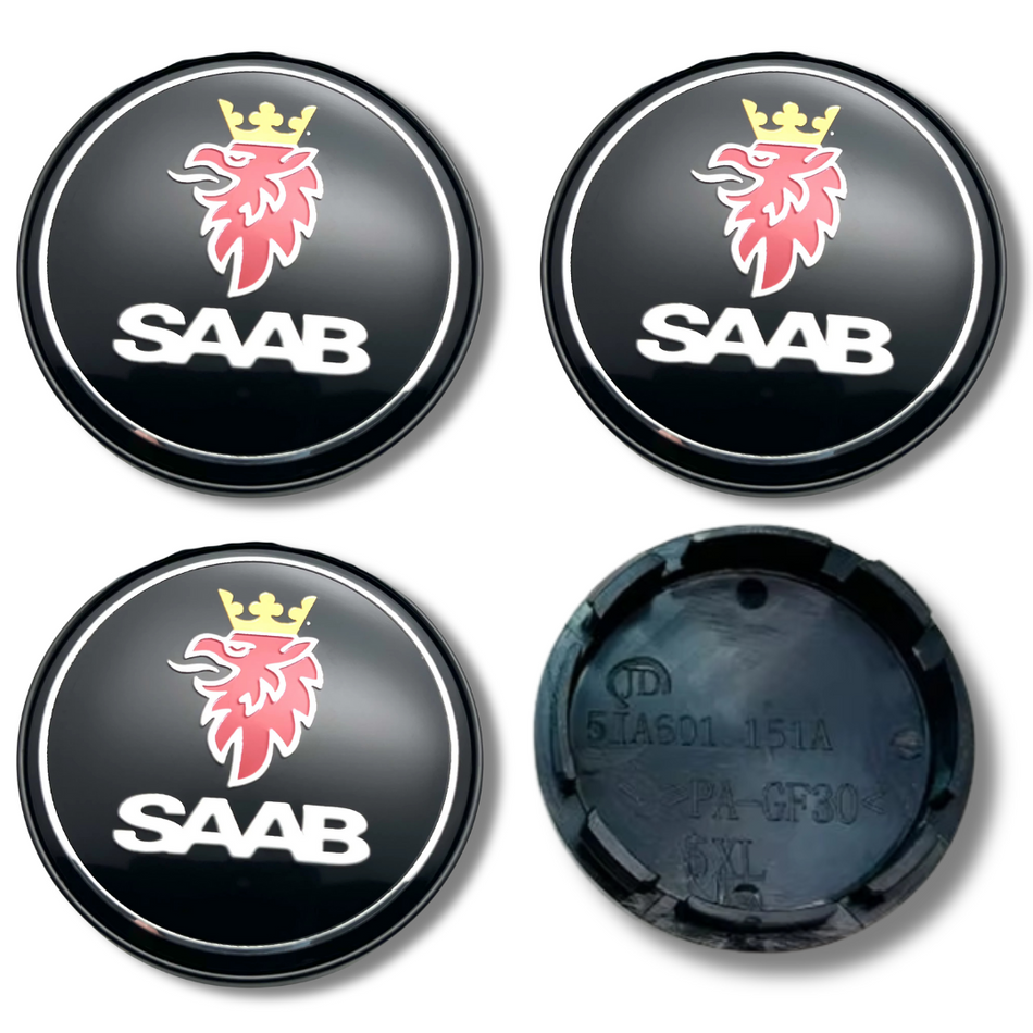 Saab 56mm Black plastic Centre Caps Set, set of 4, OEM 12761078 / 12775052