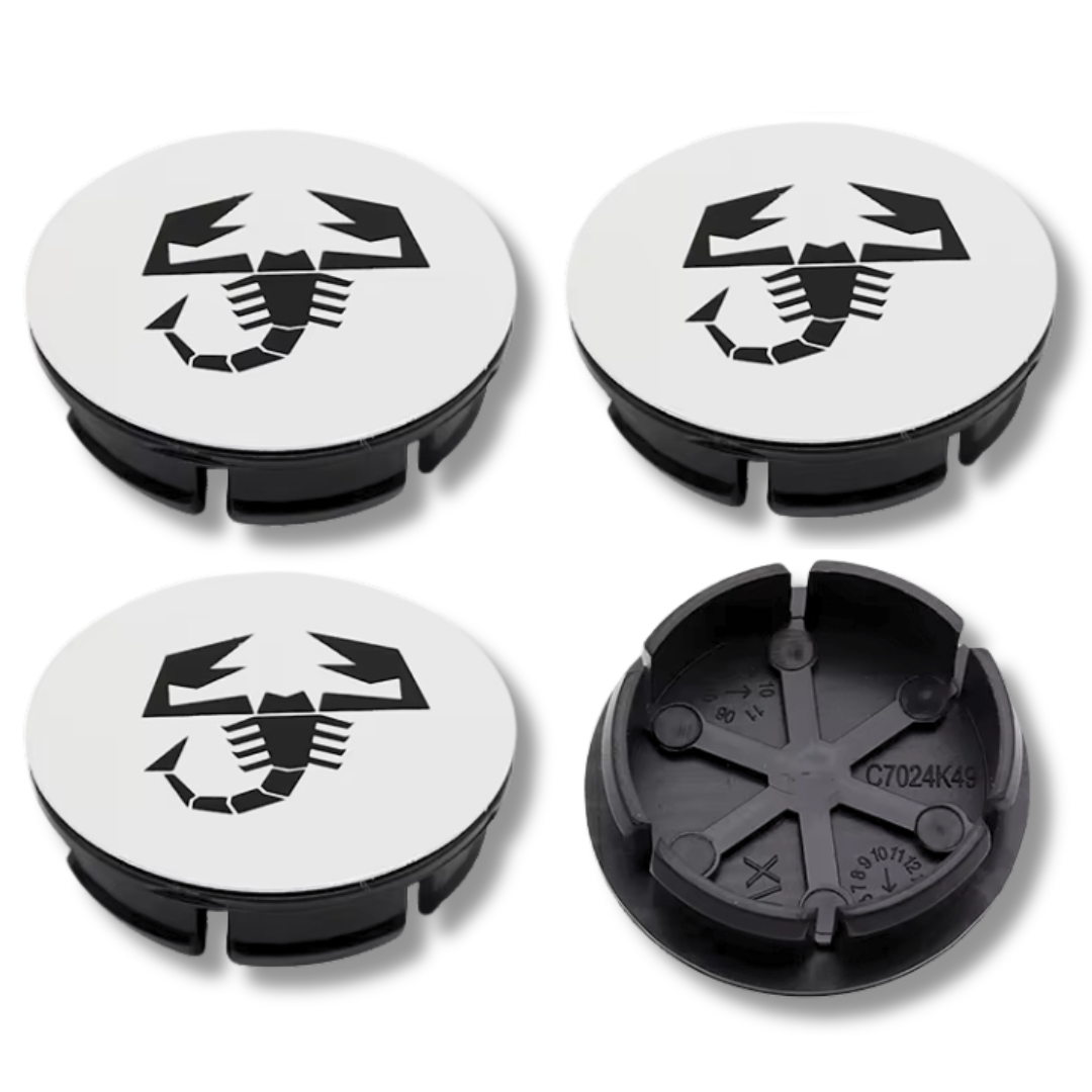 Abarth Fiat 50mm Scorpion White plastic Centre Caps Set, set of 4, OEM 735448759