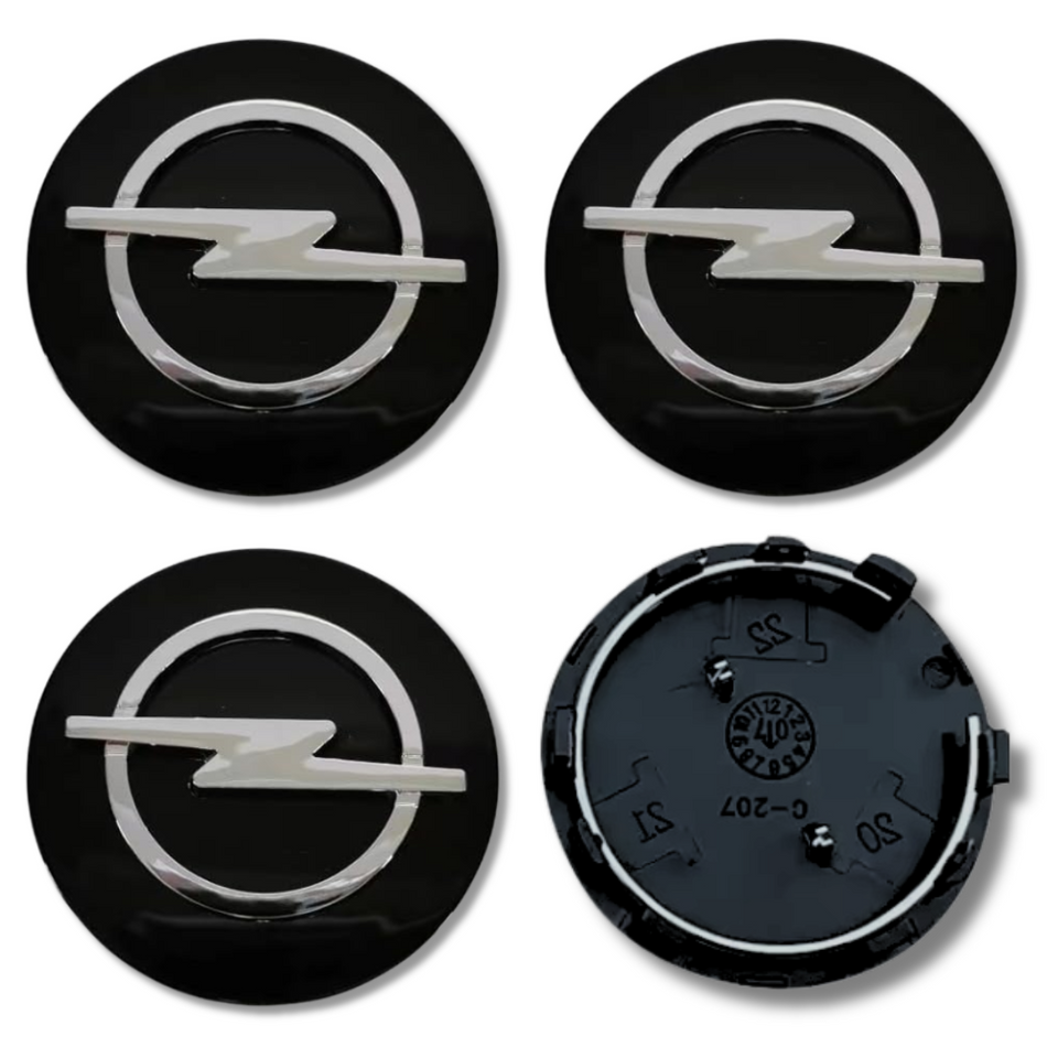 Opel 58mm Black plastic Centre Caps Set, set of 4, OEM 13276166