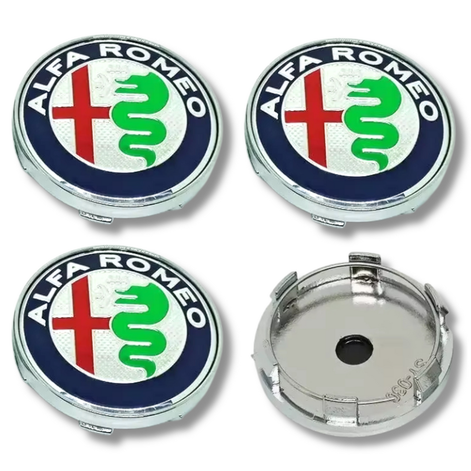 Alfa Romeo 60mm Silver Green plastic Centre Caps Set, set of 4, OEM 50539932