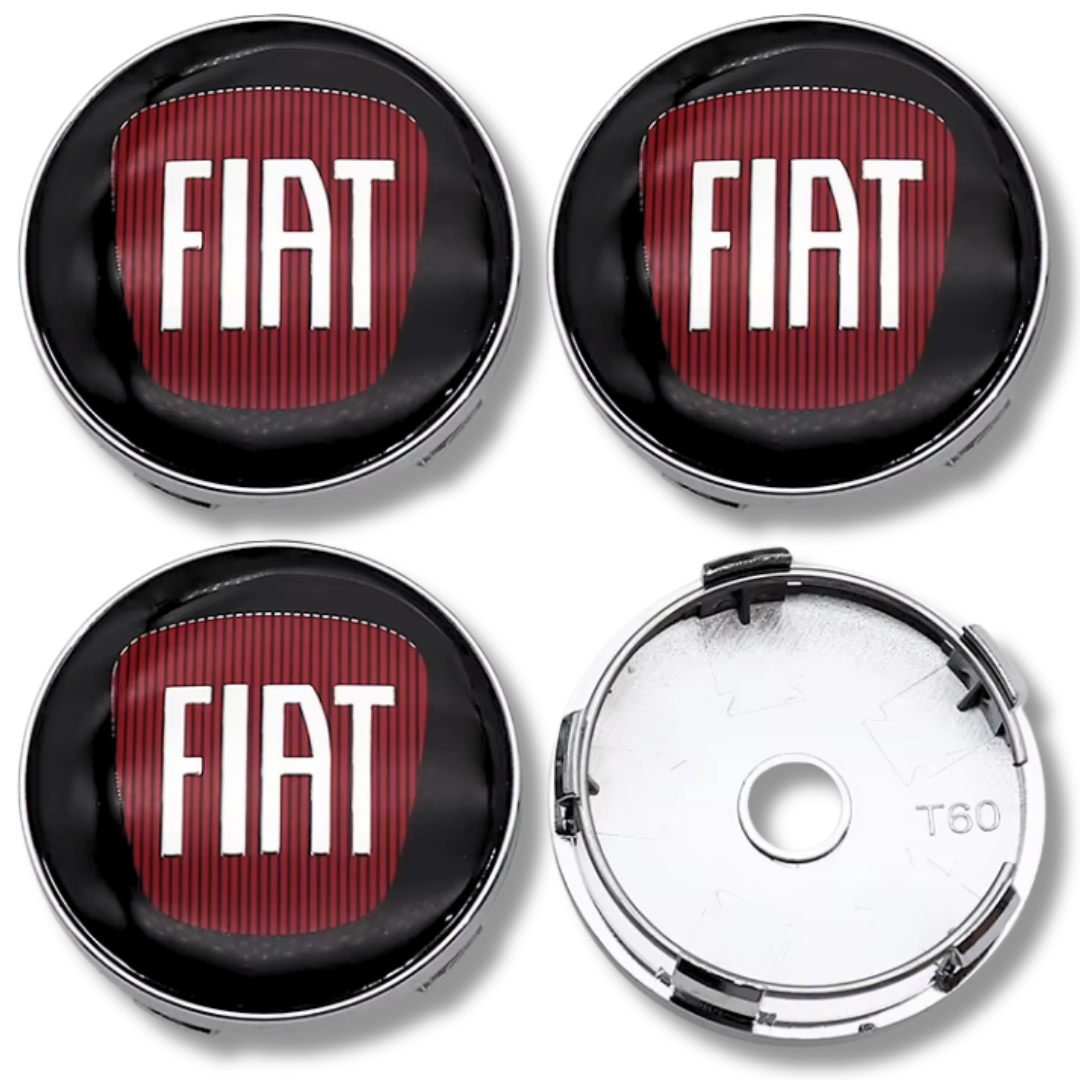 Fiat 60mm Black plastic Centre Caps Set, set of 4, OEM 735448759 / 1358877080