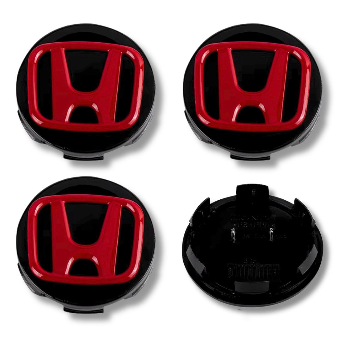 Honda 58mm Black Red plastic Centre Caps Set, set of 4, OEM 44732-S9A-A00
