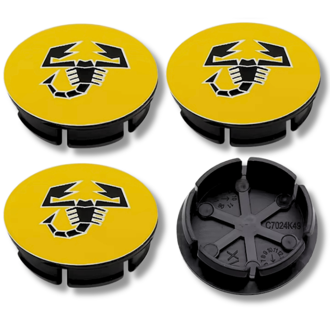 Abarth Fiat 50mm Scorpion Yellow plastic Centre Caps Set, set of 4, OEM 735448759