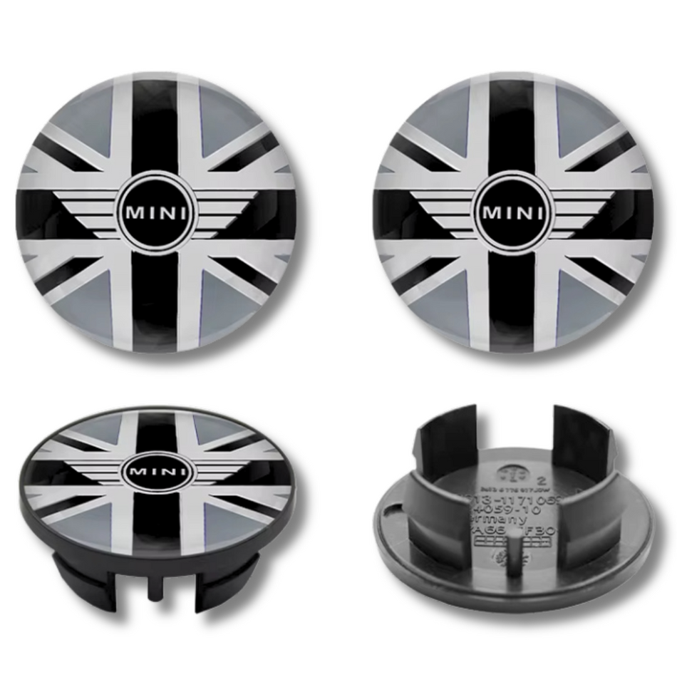 Mini 54mm Black White plastic Centre Caps Set, set of 4, OEM 36136758687