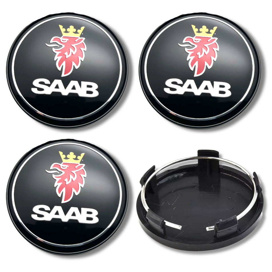 Saab 60mm Black plastic Centre Caps Set, set of 4, OEM 12761078 / 12775052