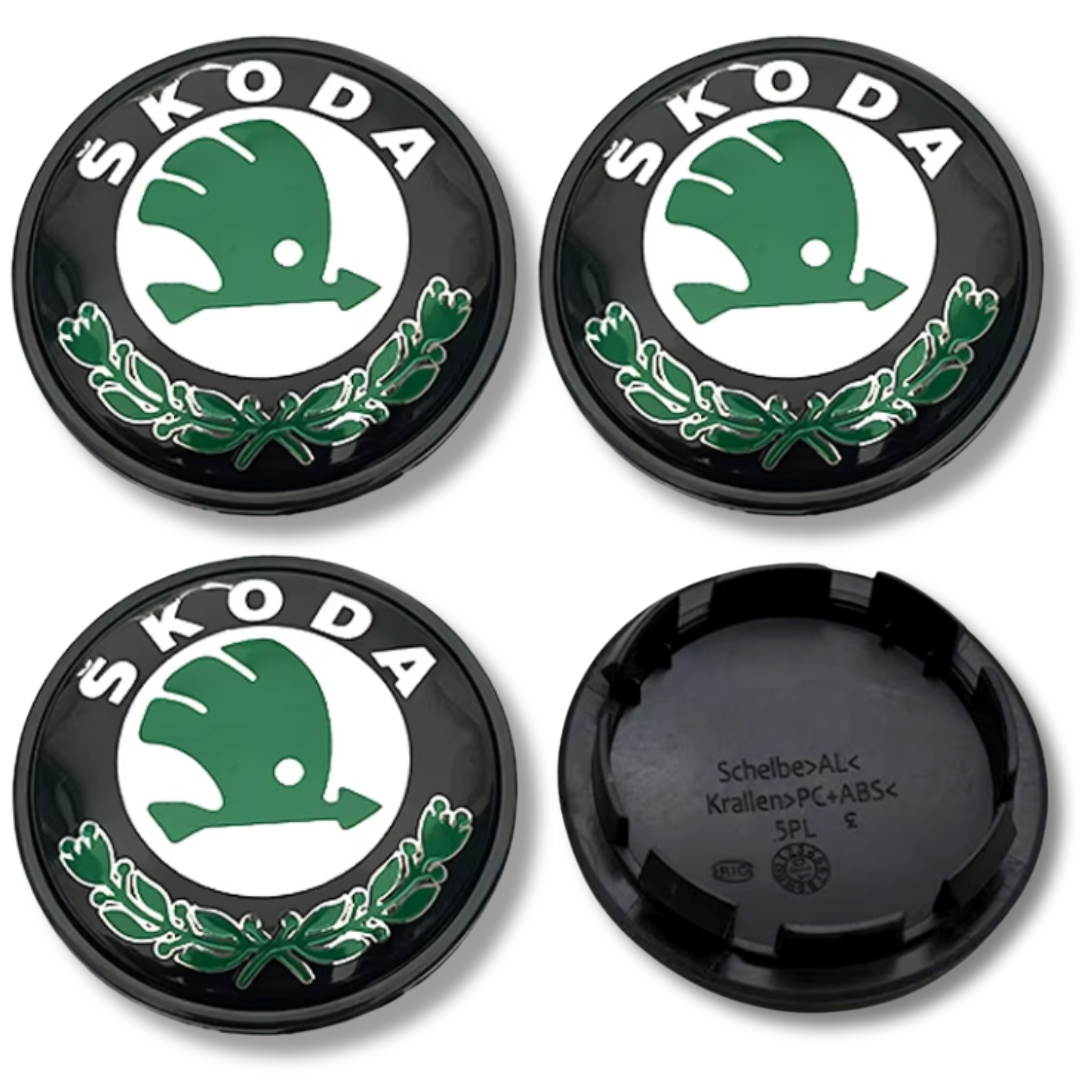 Skoda 65mm Black Green plastic Centre Caps Set, set of 4, OEM 5JA601151A