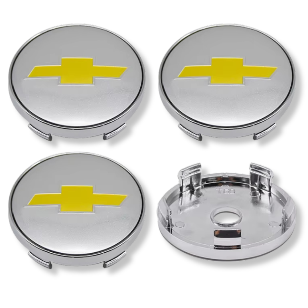 Chevrolet 60mm Silver Yellow plastic Centre Caps Set, set of 4, OEM 96452311