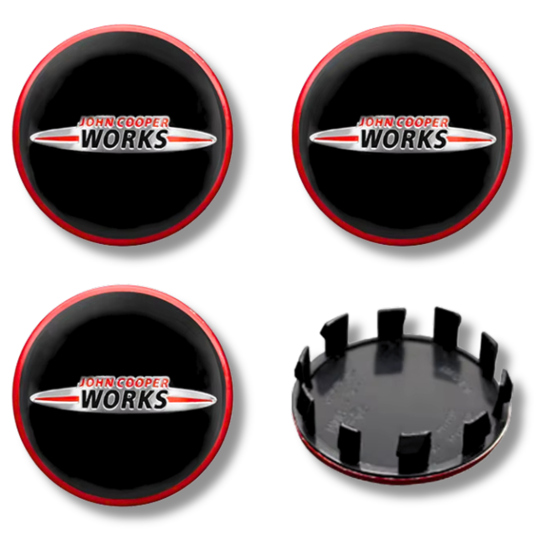 Mini 56mm Red plastic Centre Caps Set, set of 4, OEM 36136758687