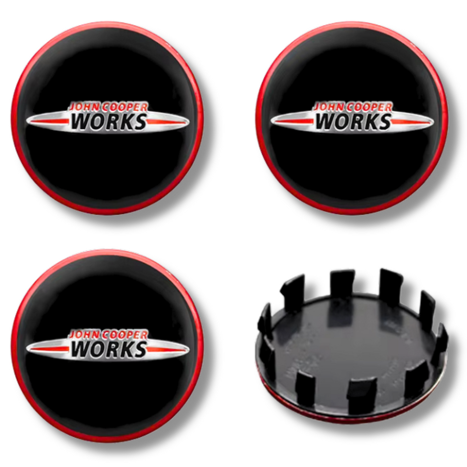 Mini 56mm Red plastic Centre Caps Set, set of 4, OEM 36136758687