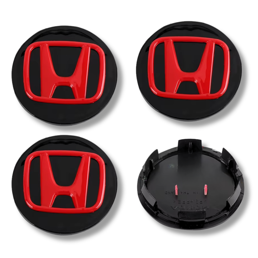 Honda 69mm Black Red plastic Centre Caps Set, set of 4, OEM 44732-S9A-A00
