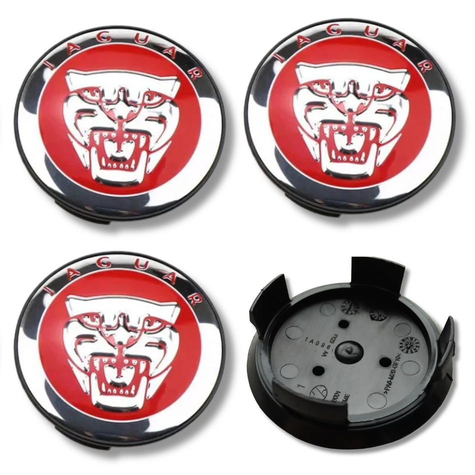 Jaguar 58mm Red plastic Centre Caps Set, set of 4, OEM C2D47107 / T2H58379 / T2H58380