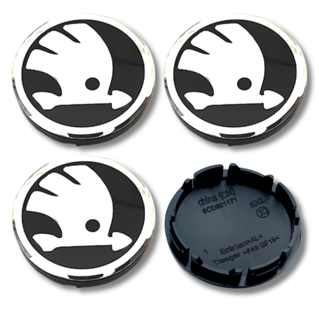 Skoda 56mm Black plastic Centre Caps Set, set of 4, OEM 5JA601151A