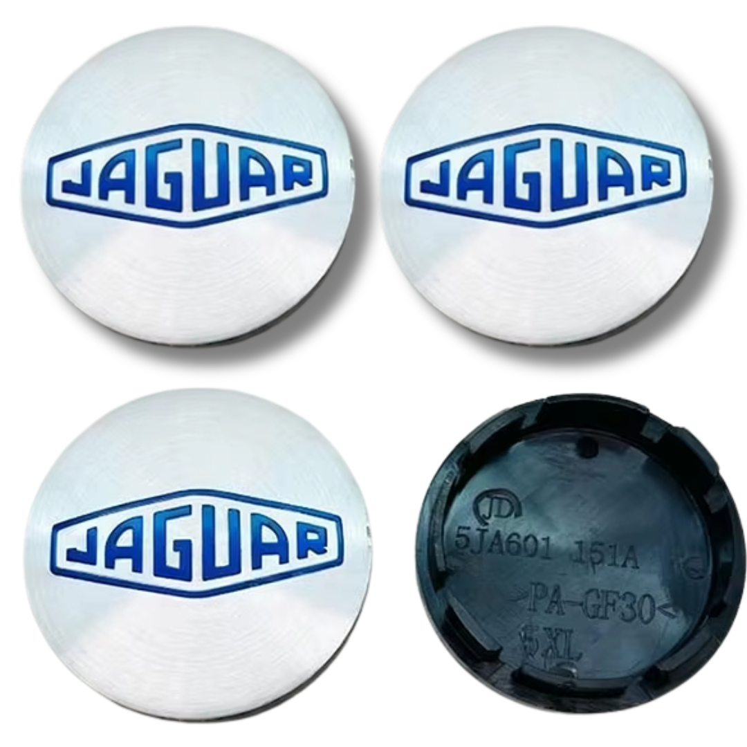 Jaguar 56mm White Blue plastic Centre Caps Set, set of 4, OEM C2D47107 / T2H58379 / T2H58380