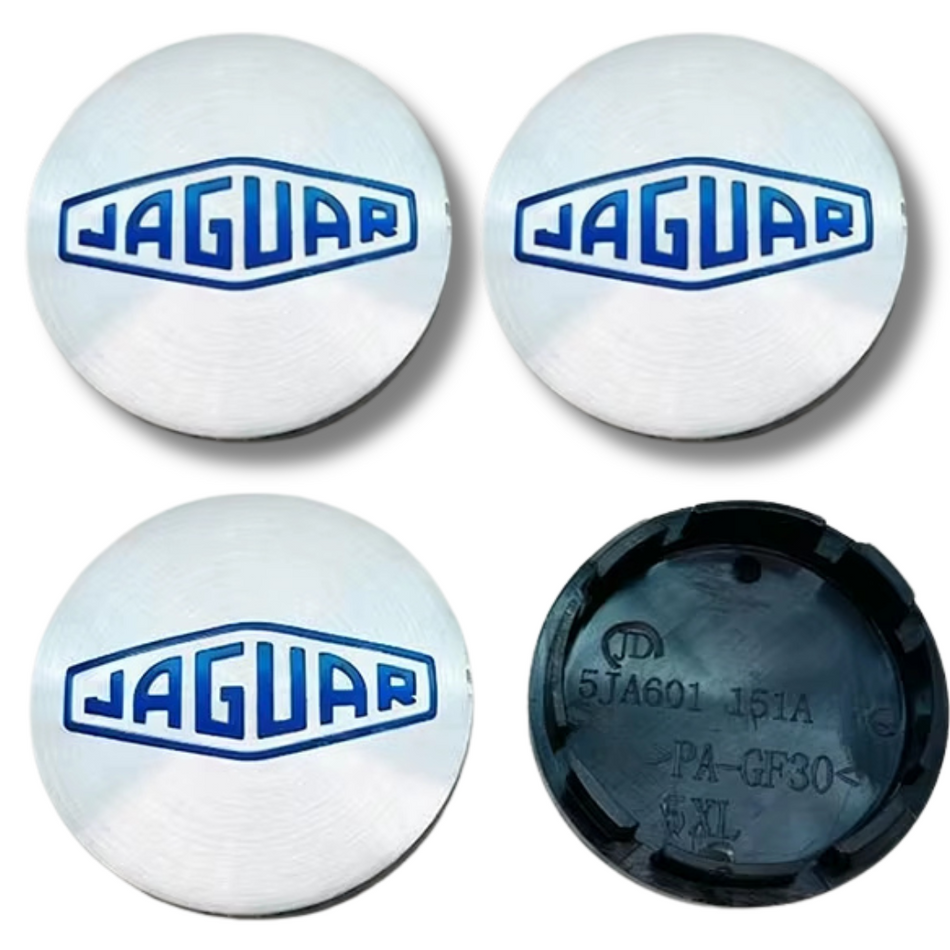 Jaguar 56mm White Blue plastic Centre Caps Set, set of 4, OEM C2D47107 / T2H58379 / T2H58380