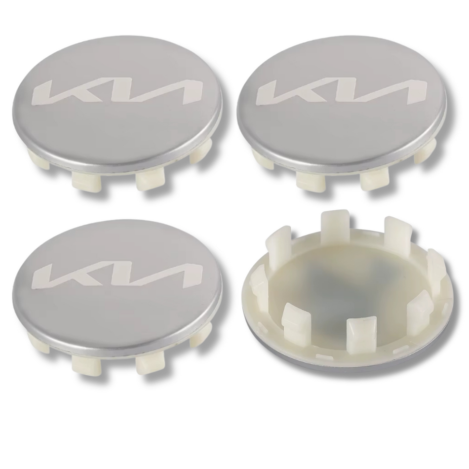 Kia 56mm Silver plastic Centre Caps Set, set of 4, OEM 52960-S9100 / 52960-3W200 / 52960-1F610