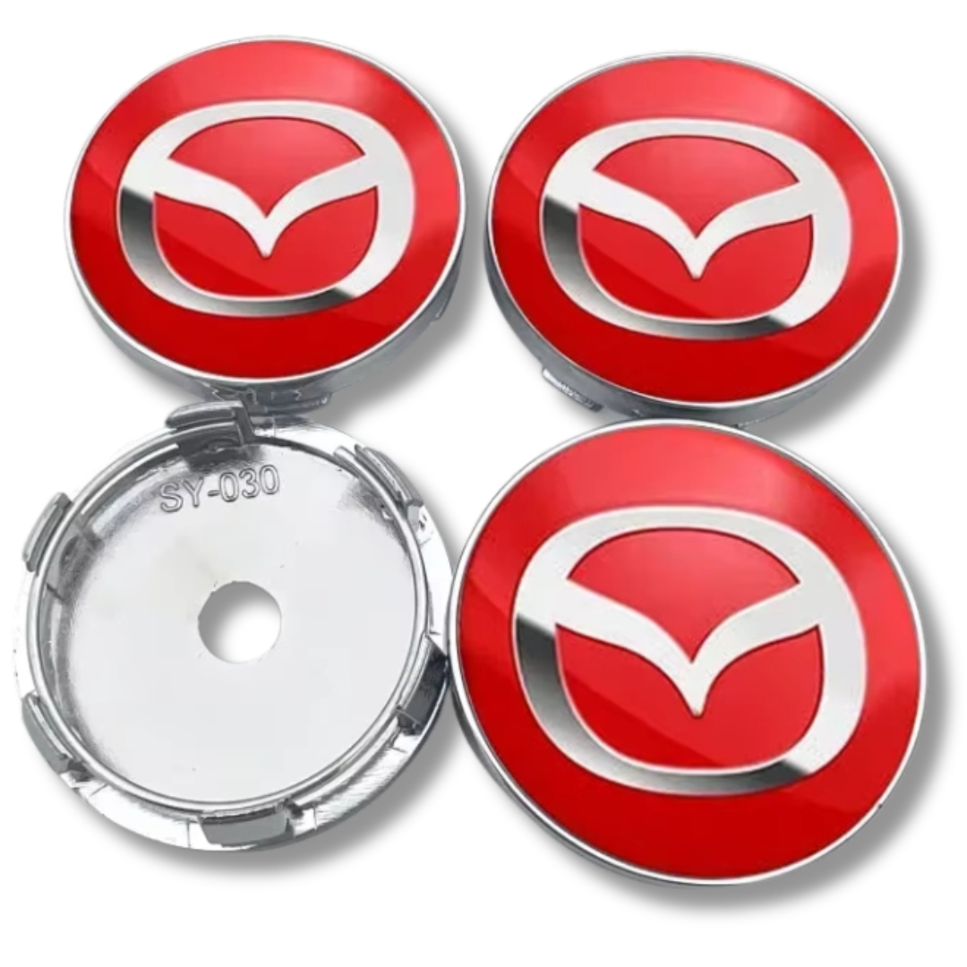 Mazda 60mm Red Chrome plastic Centre Caps Set, set of 4, OEM KD51-37-190